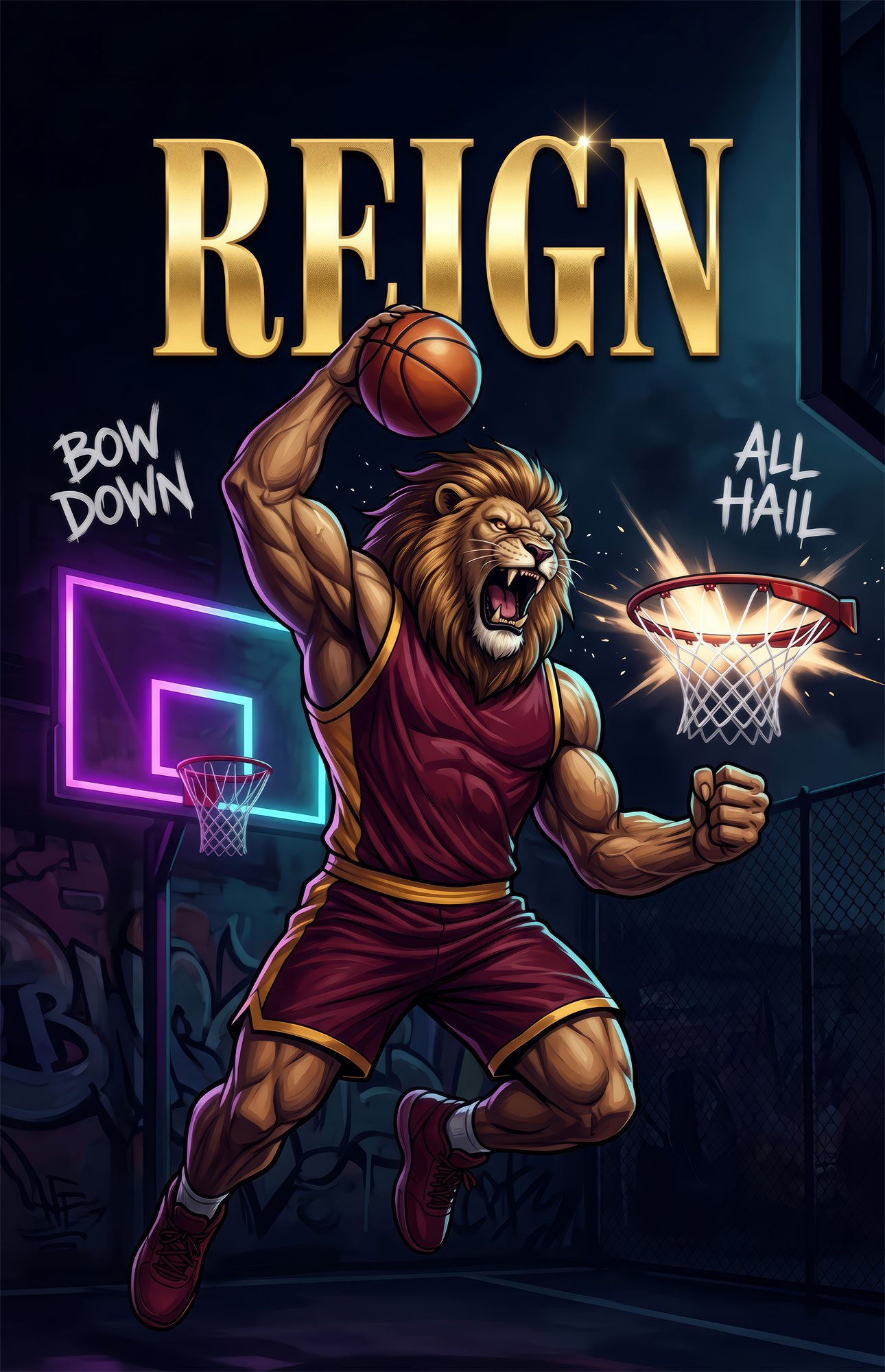 Reign Roaring Lion Slam Dunk Glass Wall Art