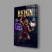 lion basketball player dunking glass wall art angled to show the polished tempered glass panel