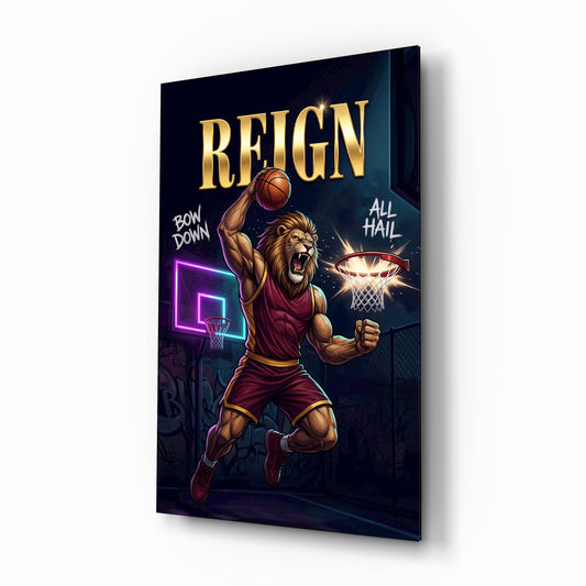 Reign Roaring Lion Slam Dunk Glass Wall Art - Lifestyle preview in a designer interior