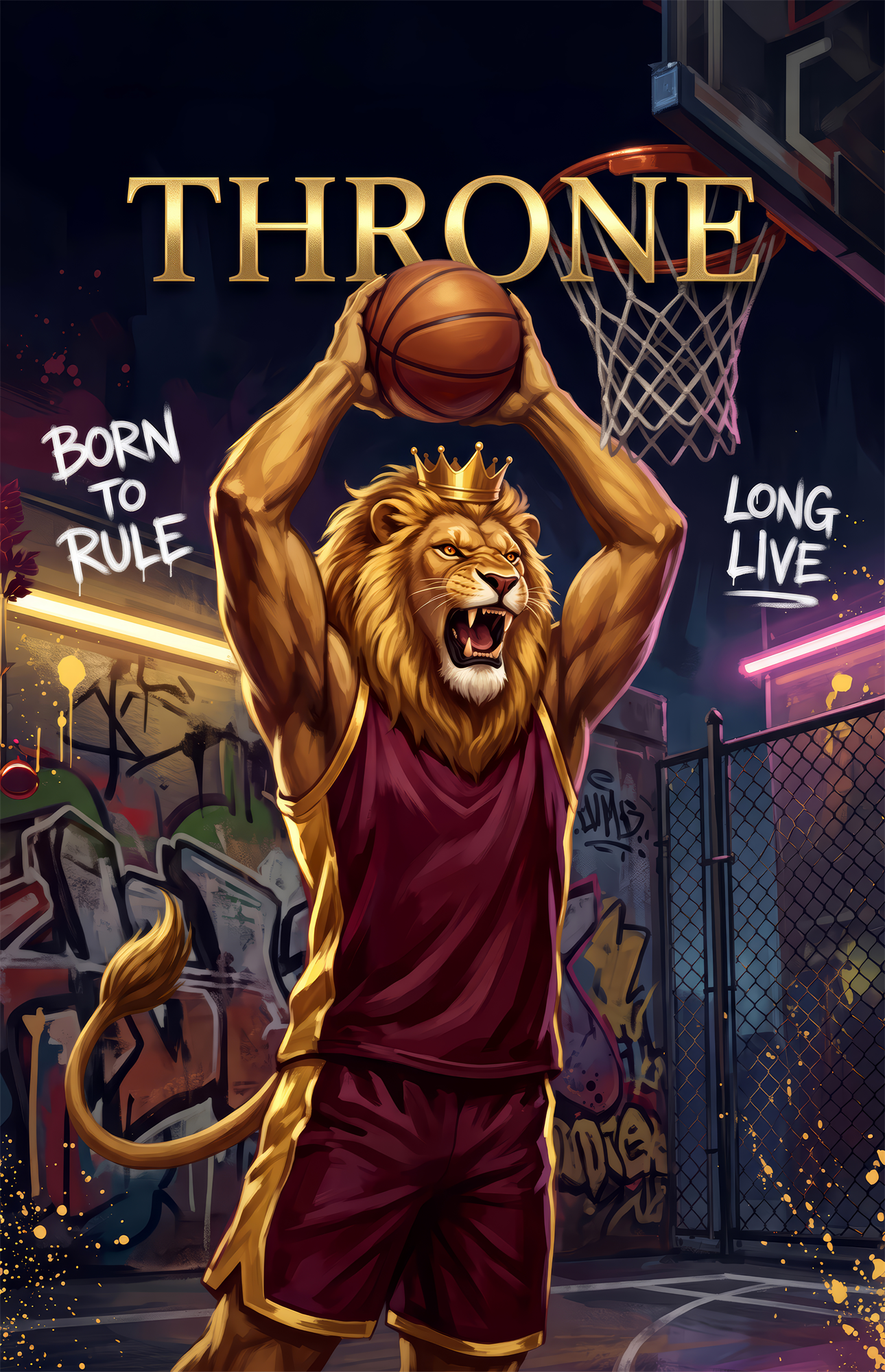Throne Crowned Lion Basketball Glass Wall Art