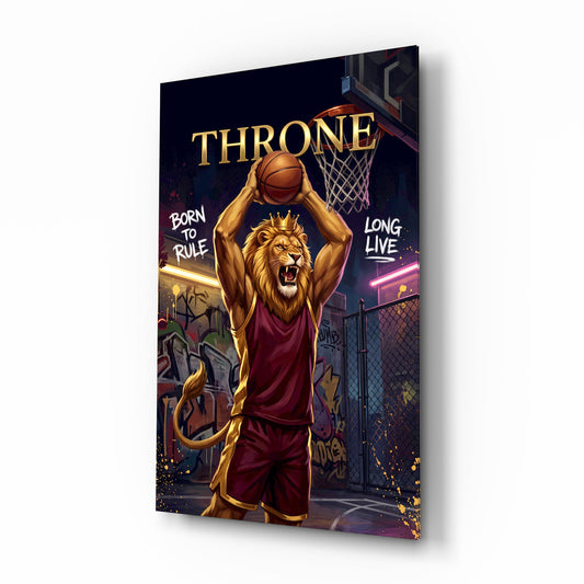 Throne Crowned Lion Basketball Glass Wall Art - Lifestyle preview in a designer interior