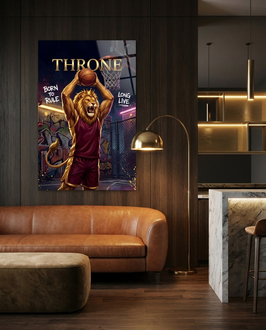 Throne Crowned Lion Basketball Glass Wall Art