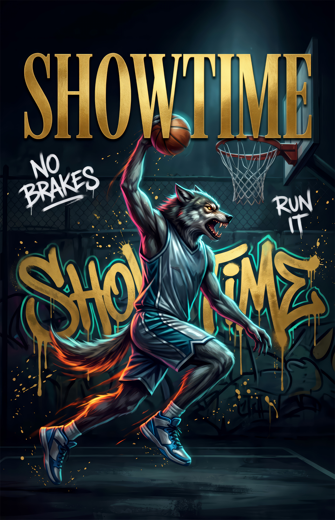 Showtime Wolf Streetball Dunk Glass Wall Art