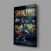 wolf basketball player dunking glass wall art angled to show the polished tempered glass panel