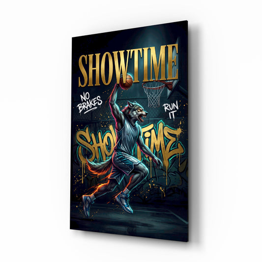 Showtime Wolf Streetball Dunk Glass Wall Art - Lifestyle preview in a designer interior