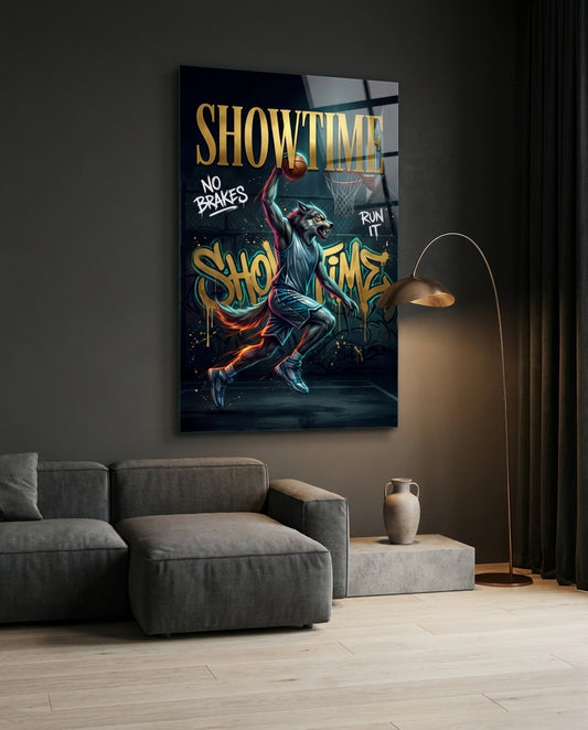 Showtime Wolf Streetball Dunk Glass Wall Art