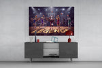 team of animal basketball players in an arena glass wall art displayed above a console in a designer interior