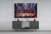 team of animal basketball players in an arena glass wall art displayed above a console in a designer interior