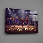team of animal basketball players in an arena glass wall art angled to show the polished tempered glass panel