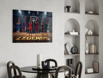 legends basketball free throw lineup glass wall art leaning beside a dark leather sofa