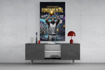 fundamental bull basketball shooter glass wall art displayed above a console in a designer interior