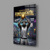 fundamental bull basketball shooter glass wall art angled to show the polished tempered glass panel