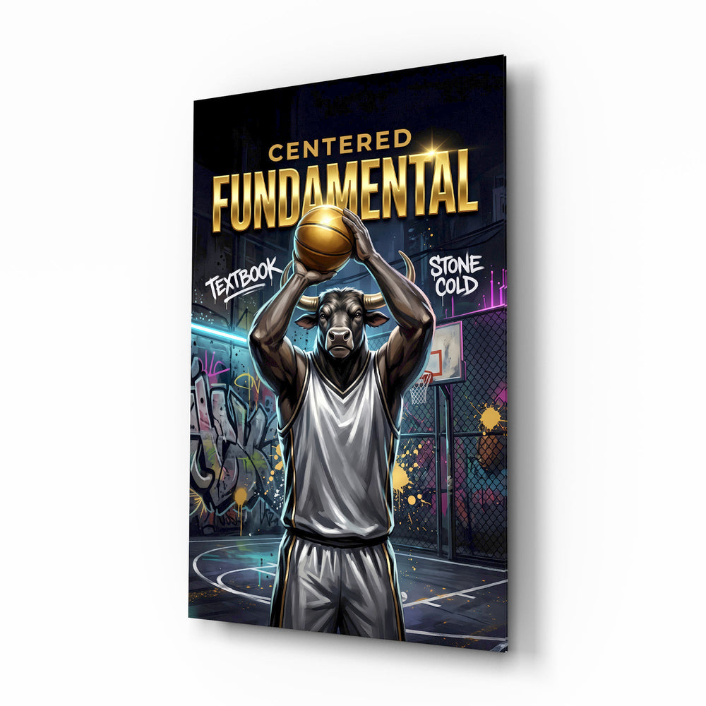 Fundamental Bull Basketball Street Court Glass Wall Art - Lifestyle preview in a designer interior