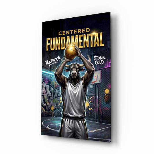 Fundamental Bull Basketball Street Court Glass Wall Art - Lifestyle preview in a designer interior
