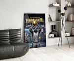 fundamental bull basketball shooter glass wall art leaning beside a dark leather sofa