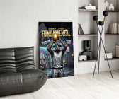 fundamental bull basketball shooter glass wall art leaning beside a dark leather sofa