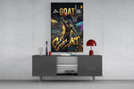 goat panther basketball dunk glass wall art displayed above a console in a designer interior