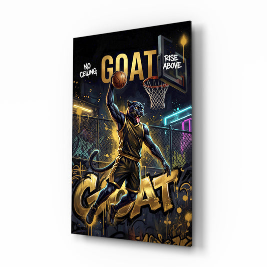 GOAT Panther Slam Dunk Basketball Glass Wall Art - Lifestyle preview in a designer interior
