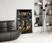 goat panther basketball dunk glass wall art leaning beside a dark leather sofa