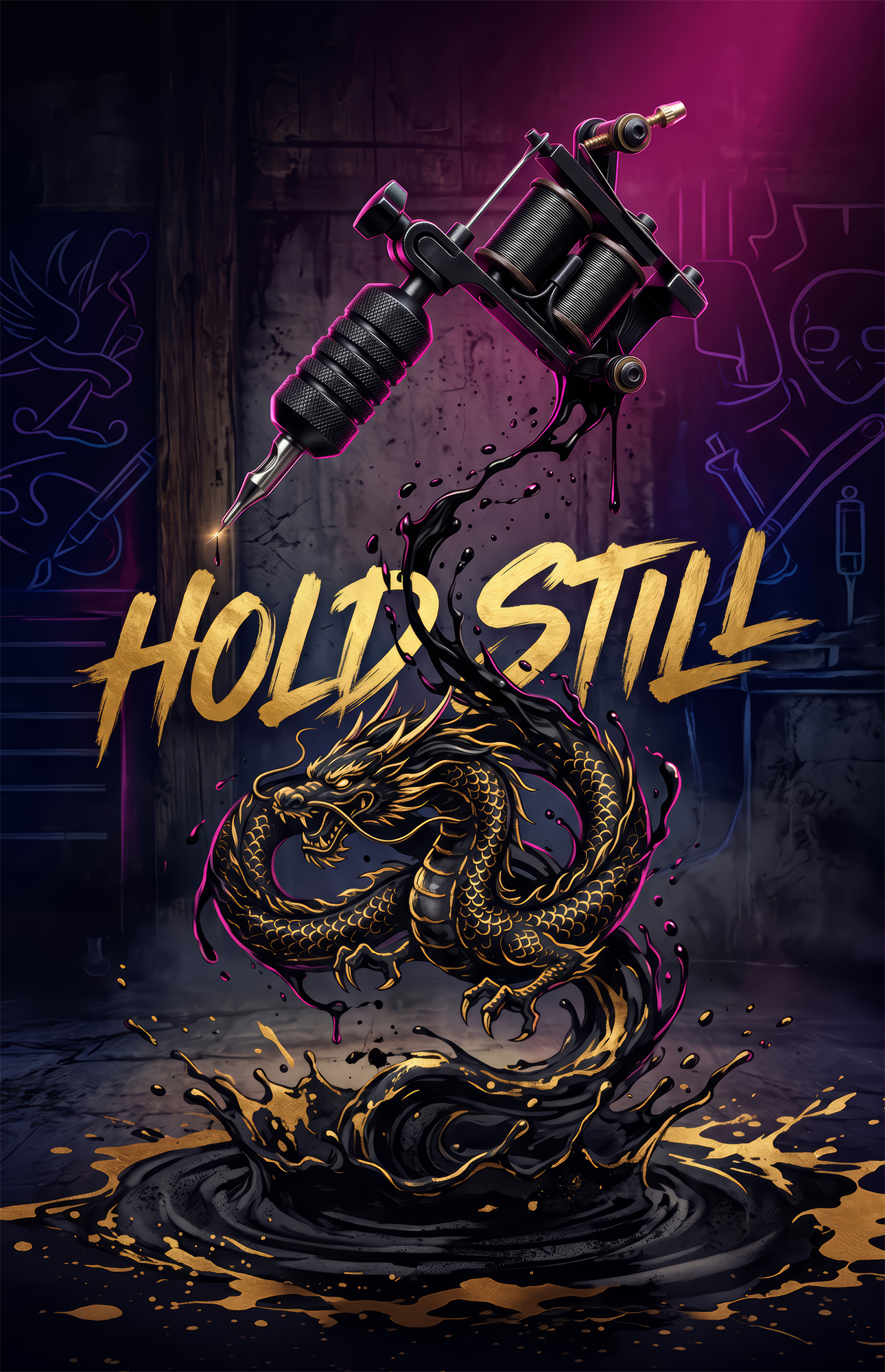 Hold Still Tattoo Machine Gold Dragon Glass Wall Art