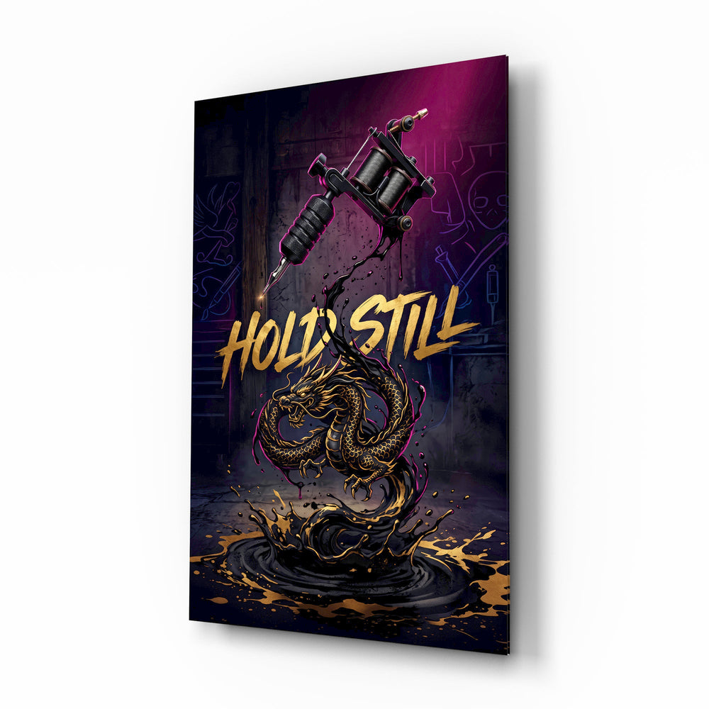Hold Still Tattoo Machine Gold Dragon Glass Wall Art - Lifestyle preview in a designer interior