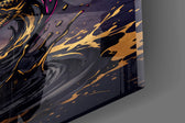 Close-up detail of the black coil tattoo machine and the golden dragon rising from spilled ink on the glass surface