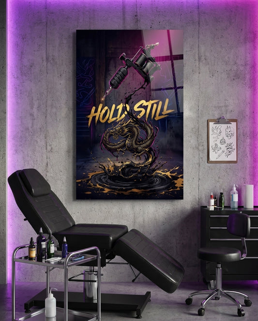 Hold Still Tattoo Machine Gold Dragon Glass Wall Art