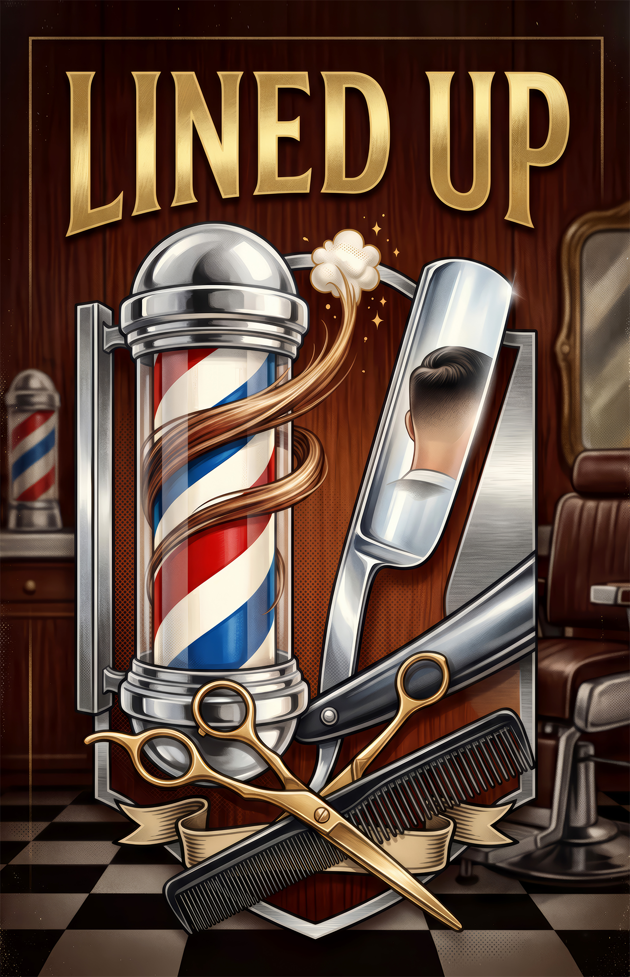 Lined Up Vintage Barbershop Emblem Glass Wall Art