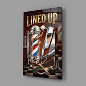lined up vintage barbershop emblem glass wall art angled to show the polished tempered glass panel