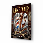 Lined Up Vintage Barbershop Emblem Glass Wall Art - Lifestyle preview in a designer interior