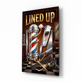 Lined Up Vintage Barbershop Emblem Glass Wall Art - Lifestyle preview in a designer interior