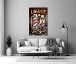 lined up vintage barbershop emblem panel bringing character to a minimalist living room wall