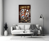 lined up vintage barbershop emblem panel bringing character to a minimalist living room wall