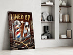lined up vintage barbershop emblem panel resting in a shelving niche in a modern interior