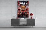 driven cheetah race car driver glass wall art displayed above a console in a designer interior