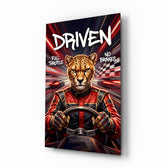 Driven Cheetah Race Car Driver Glass Wall Art - Lifestyle preview in a designer interior