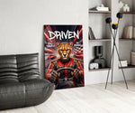 driven cheetah race car driver glass wall art leaning beside a dark leather sofa