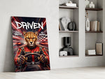 driven cheetah race car driver panel resting in a shelving niche in a modern interior