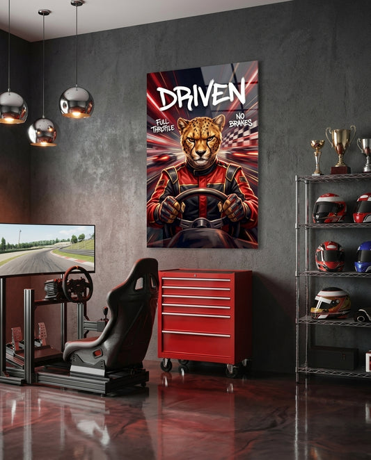 Driven Cheetah Race Car Driver Glass Wall Art