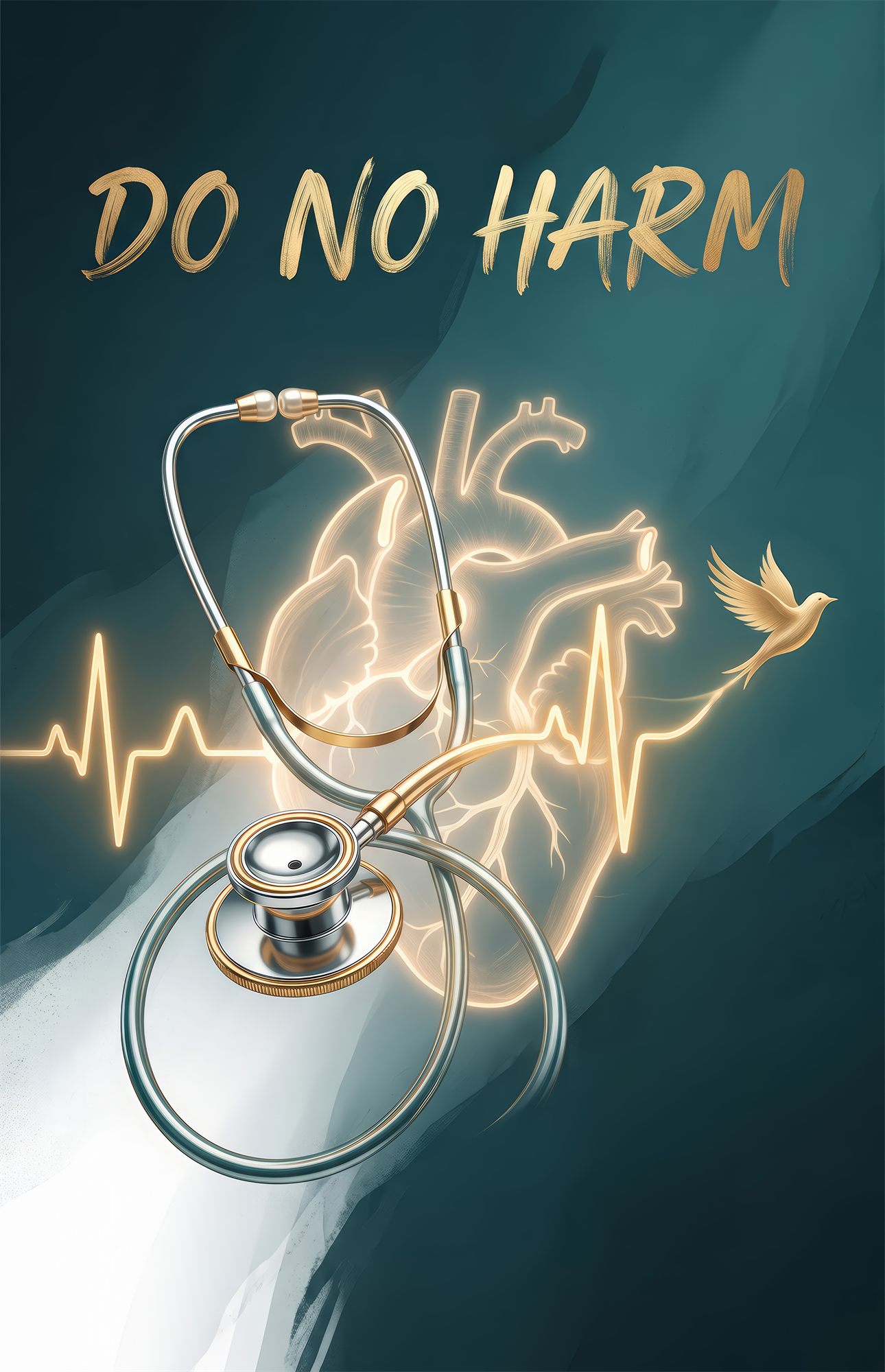 Do No Harm Stethoscope Golden Heart Glass Wall Art