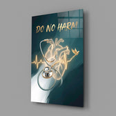 do no harm stethoscope and golden heart glass wall art angled to show the polished tempered glass panel