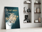 do no harm stethoscope and golden heart panel resting in a shelving niche in a modern interior