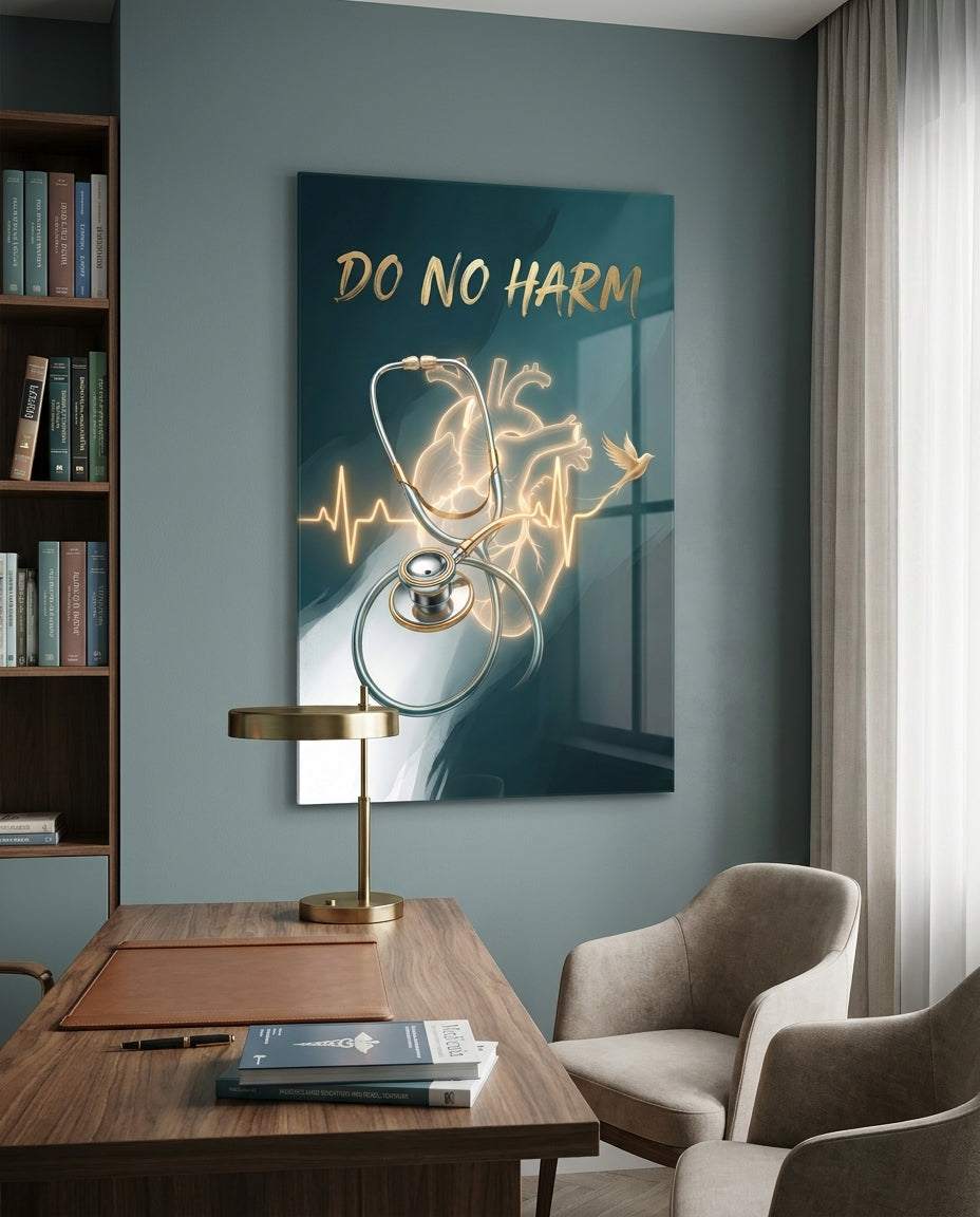 Do No Harm Stethoscope Golden Heart Glass Wall Art