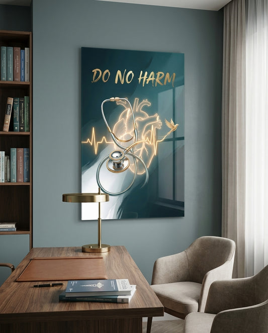 Do No Harm Stethoscope Golden Heart Glass Wall Art