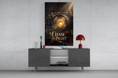 gold vintage camera with a sunrise lens glass wall art displayed above a console in a designer interior