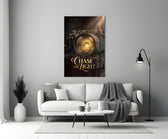 gold vintage camera with a sunrise lens panel bringing character to a minimalist living room wall