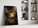 gold vintage camera with a sunrise lens panel resting in a shelving niche in a modern interior