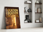 gold real estate key with a skyline panel resting in a shelving niche in a modern interior