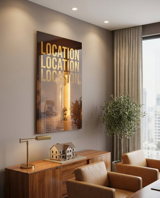 Location Location Location Gold Key Glass Wall Art