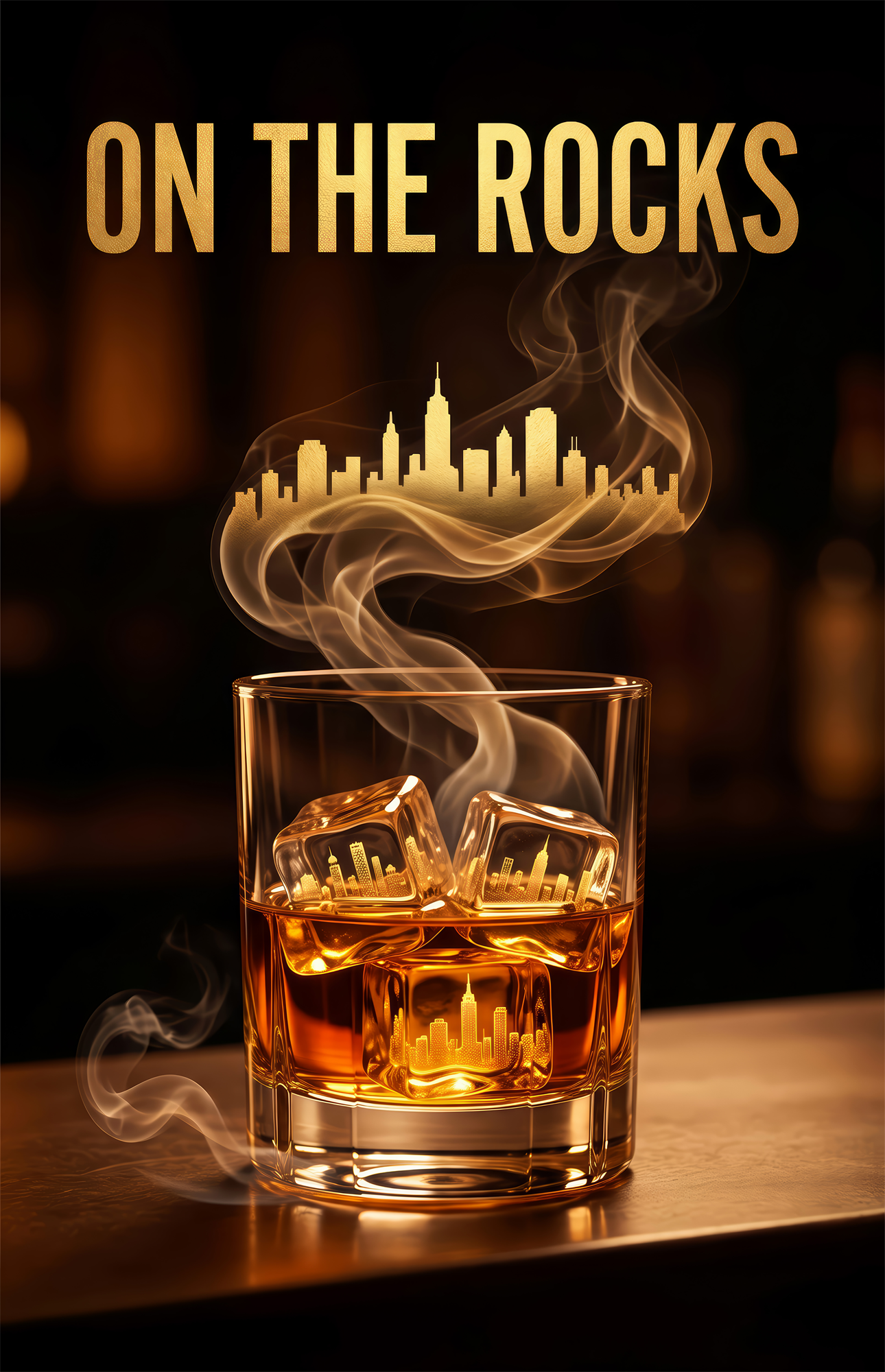 On the Rocks Gold Whiskey Skyline Glass Wall Art